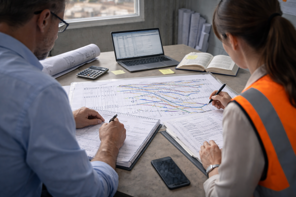 Schreibtisch mit Unterlagen und 2 Personen